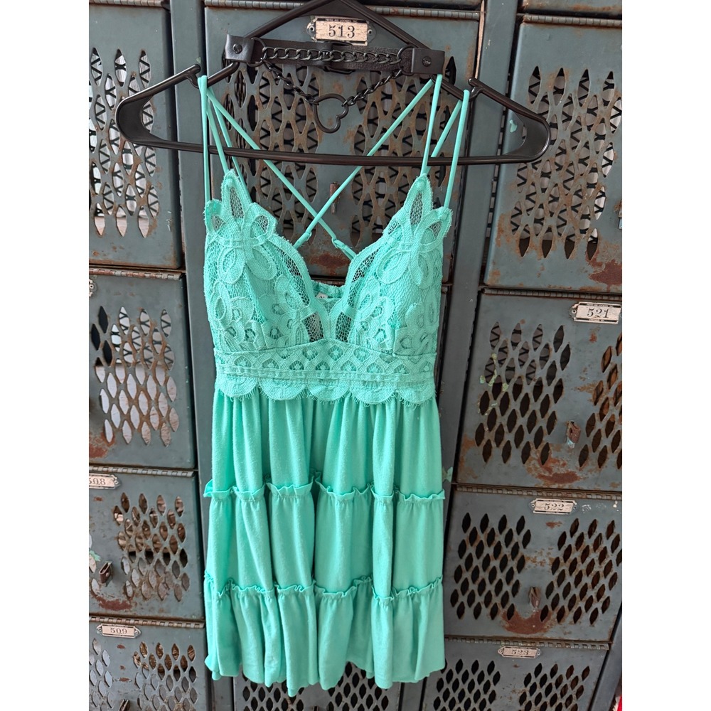 Zenana Mint Lace Bodice Tiered Mini Dress Medium Boho Festival Cottagecore
